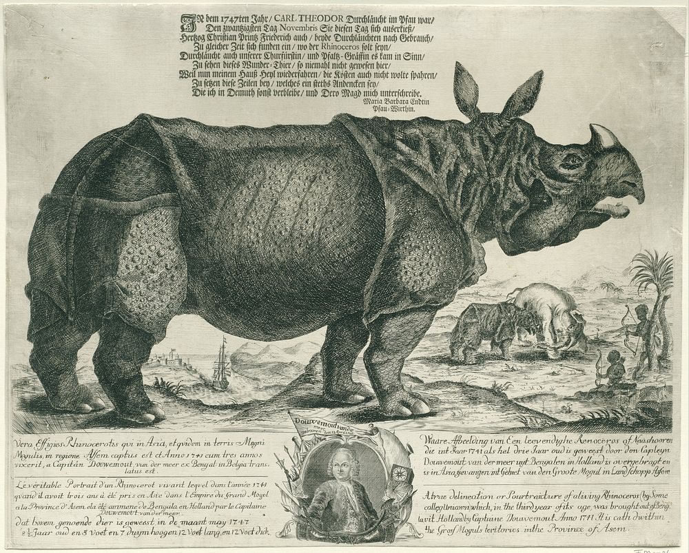 De neushoorn Clara, komt dat zien ! (1747) by H Oster, Anton August Beck, Johann Friedrich Schmidt and Maria Barbara Endtin