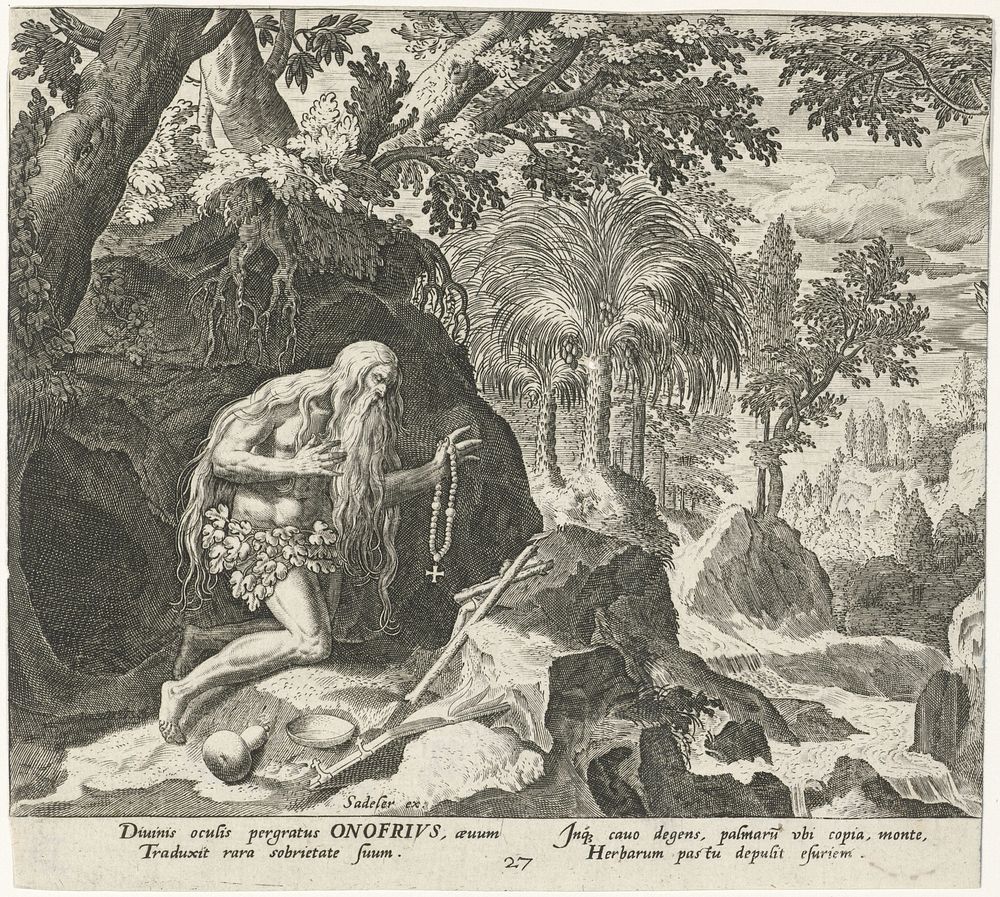 Onyphrius de Grote als kluizenaar (1583 - 1588) by Johann Sadeler I, Raphaël Sadeler I, Maerten de Vos and Johann Sadeler I