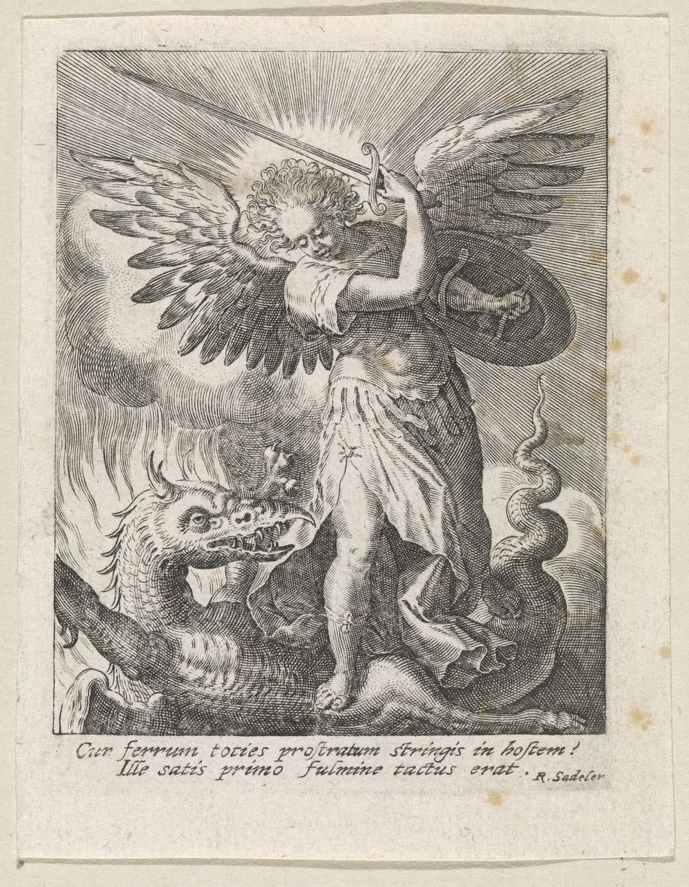 Aartsengel Michaël doodt de draak (1617) by Raphaël Sadeler I, Raphaël Sadeler II, Raphaël Sadeler I and Anna Bergia