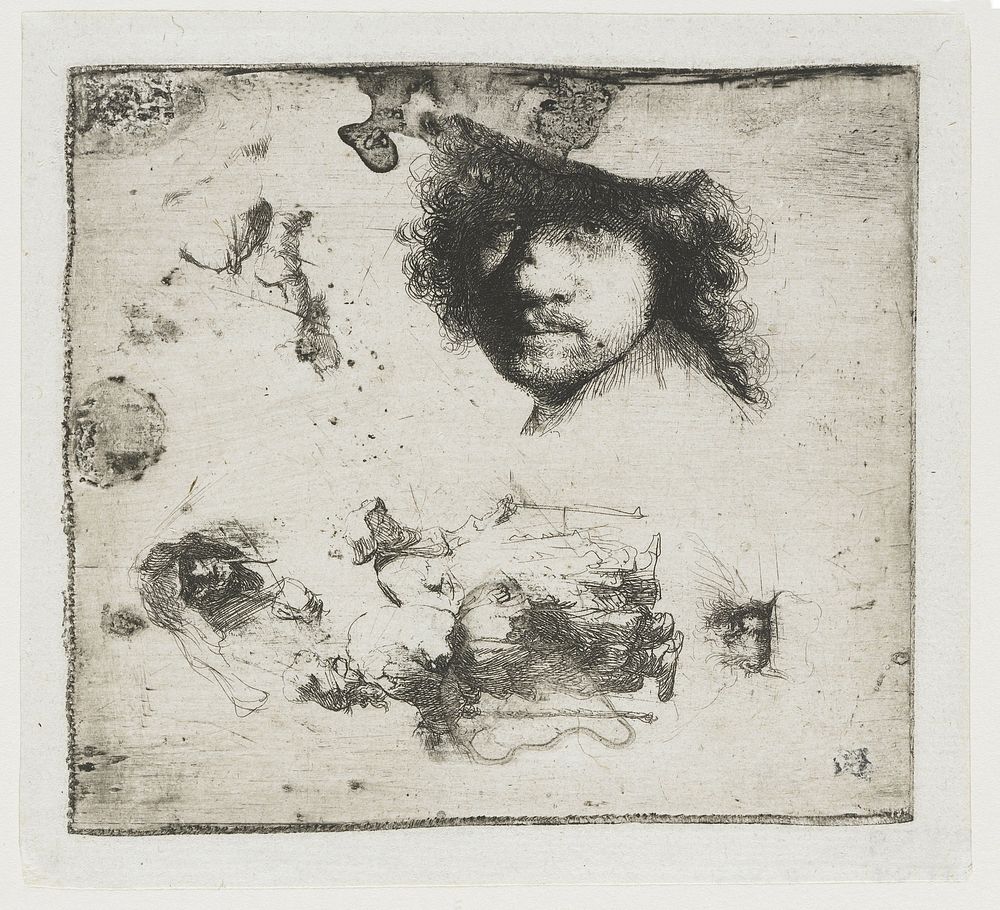 Sheet of Studies, with a Self-portrait, a Beggar Couple, and Heads of an Old Man and Old Woman (1632) by Rembrandt van Rijn…