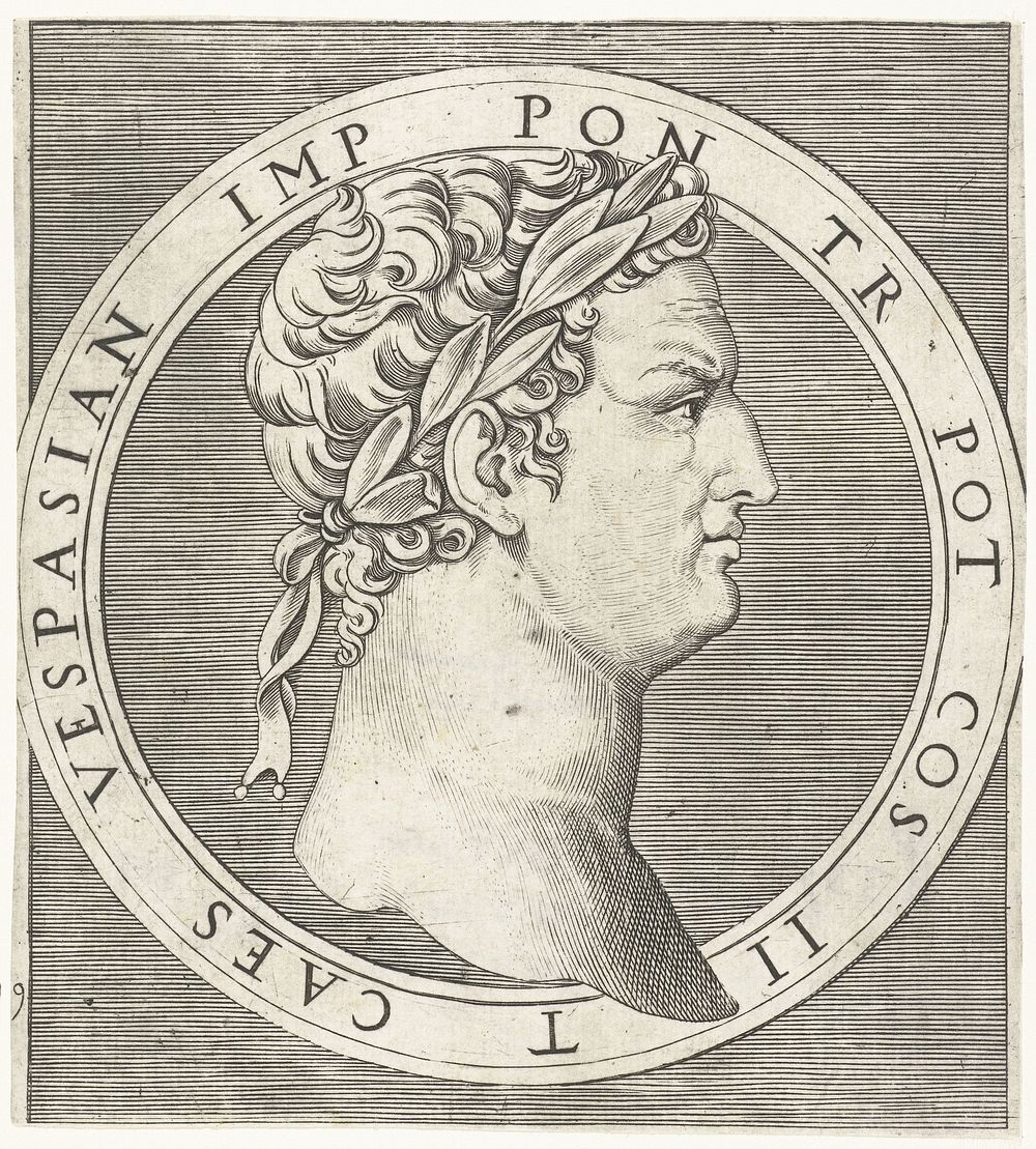 Portret van keizer Vespasianus met lauwerkrans in ronde omlijsting (1510 - 1527) by Marcantonio Raimondi and Marcantonio…