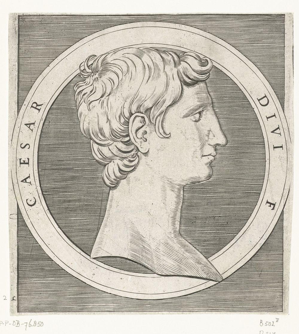 Portret van keizer Augustus in ronde omlijsting (1510 - 1527) by Marcantonio Raimondi and Marcantonio Raimondi