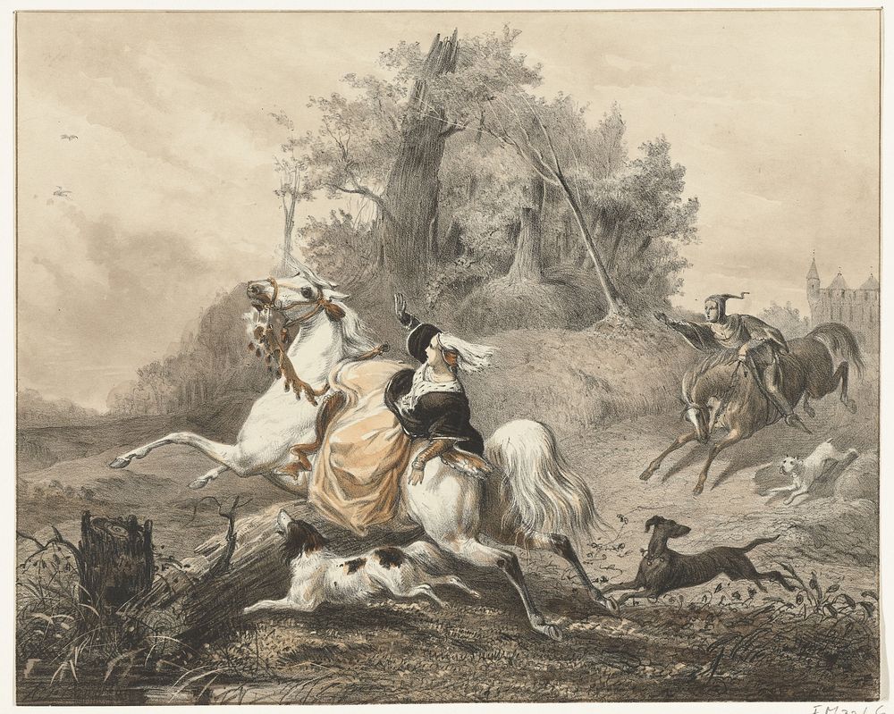 Maria van Bourgondië valt van haar paard, 1482 (1842 - 1887) by P Blommers Steendrukkerij van and Karel Frederik Bombled