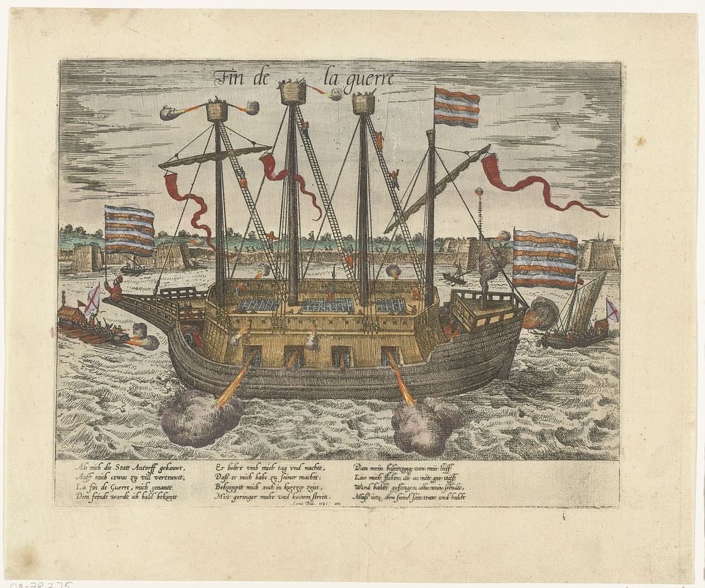 Het schip Fin de la guerre, 1585 (1585 - 1587) by Frans Hogenberg