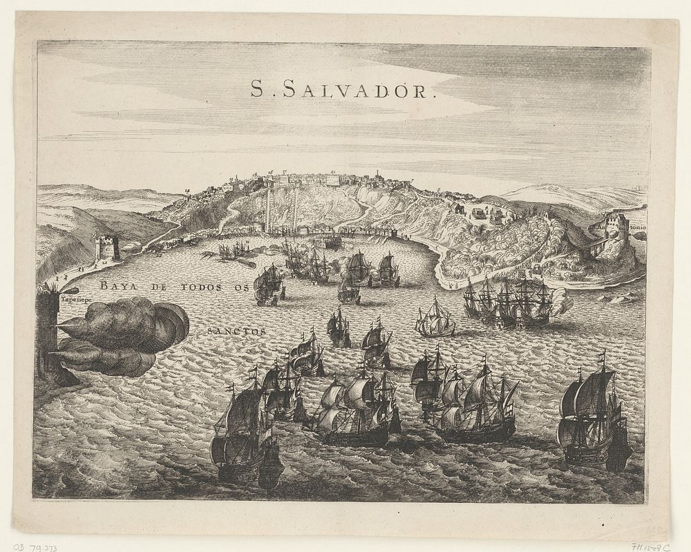 Verovering van San Salvador in Brazilië door admiraal Jacob Willekes, 1624 (1624) by anonymous, Claes Jansz Visscher II and…