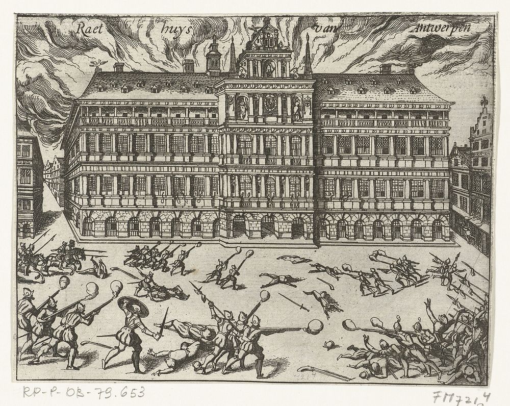 Spaanse Furie: stadhuis in brand, 1576 (1613 - 1615) by anonymous and Frans Hogenberg