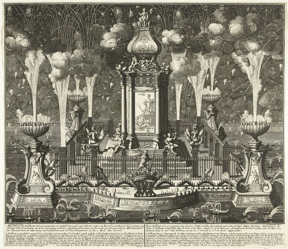 Vuurwerk bij de viering van de Vrede van Utrecht, 1713 (1713) by Daniël Stopendaal, Hendrik Pola, Anna Beeck and Staten van…