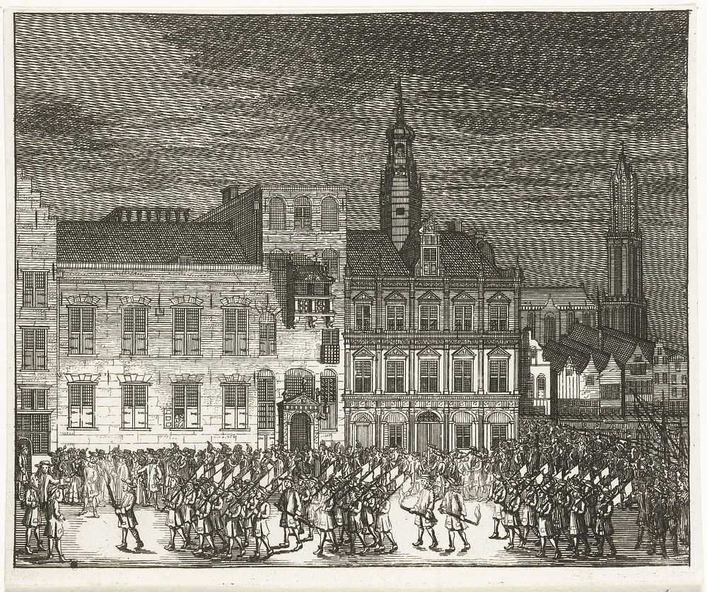 Optocht van de schutterij bij nacht, voor het stadhuis van Utrecht, 1714 (1714) by anonymous