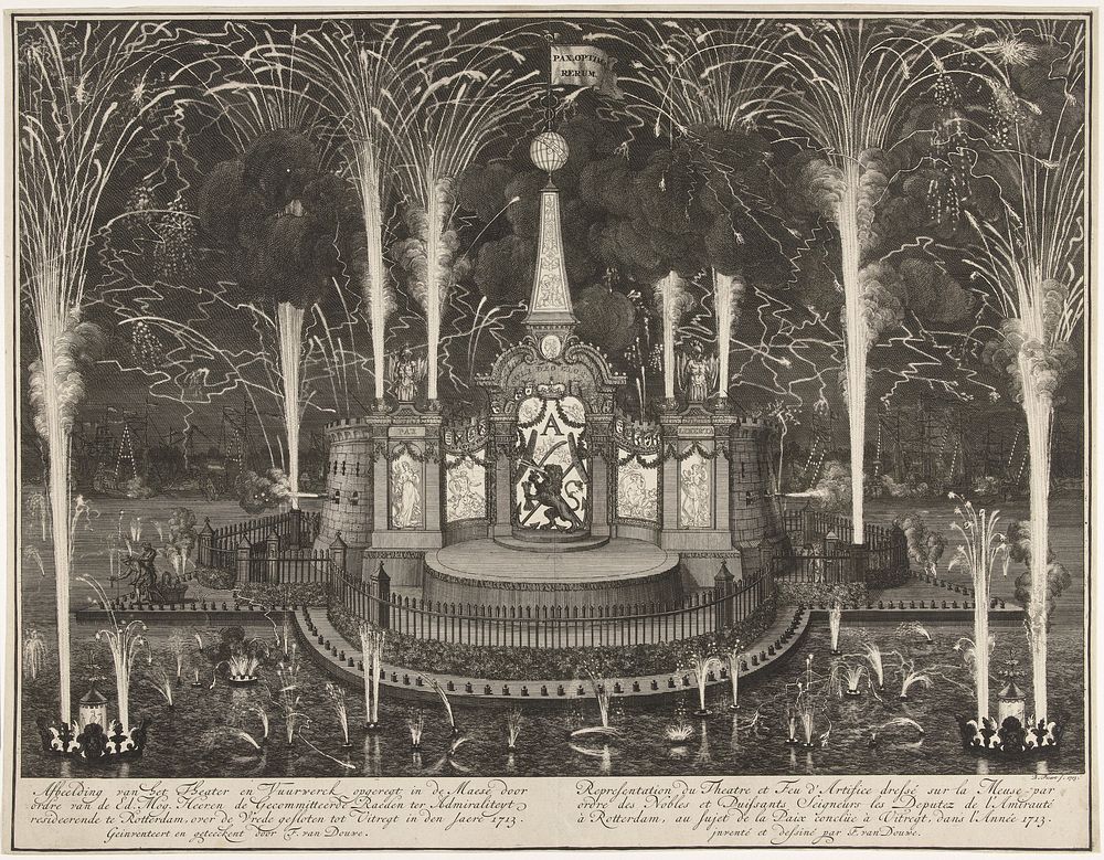 Vuurwerk bij de viering van de Vrede van Utrecht te Rotterdam, 1713 (1713) by Bernard Picart and F van Douwe