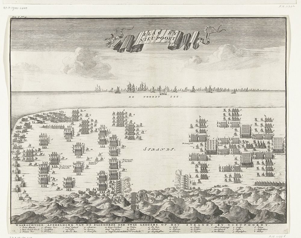 De Staatse en Spaanse legers staan tegenover elkaar op het strand bij Nieuwpoort, 1600 (1730) by anonymous and Floris…