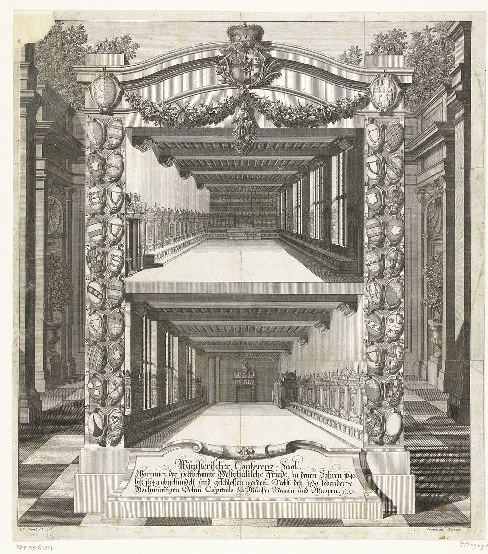 Friedenssaal te Munster waar de vredesonderhandelingen gevoerd zijn, 1643-1649 (1735) by Georg Daniel Heumann and Gerhard…