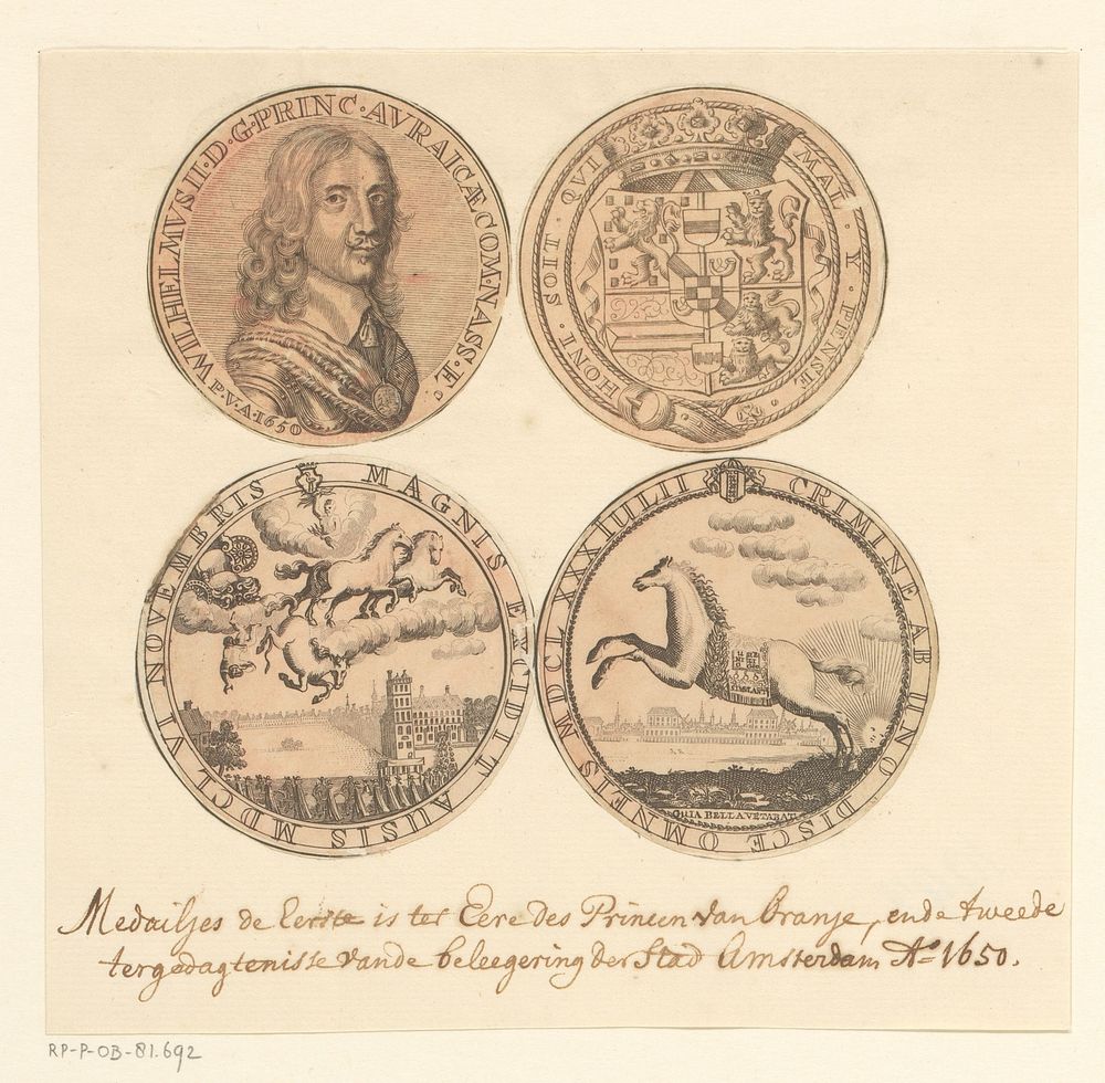 Twee penningen van Willem II en het overlijden van Willem II, 1650 (1650 - 1749) by anonymous, Pieter van Abeele and…