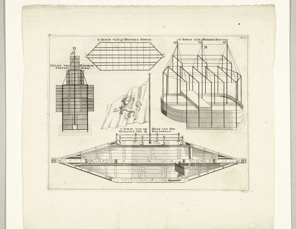 Blad met twee ontwerpen voor experimentele schepen, ca. 1650 (1751 - 1753) by anonymous