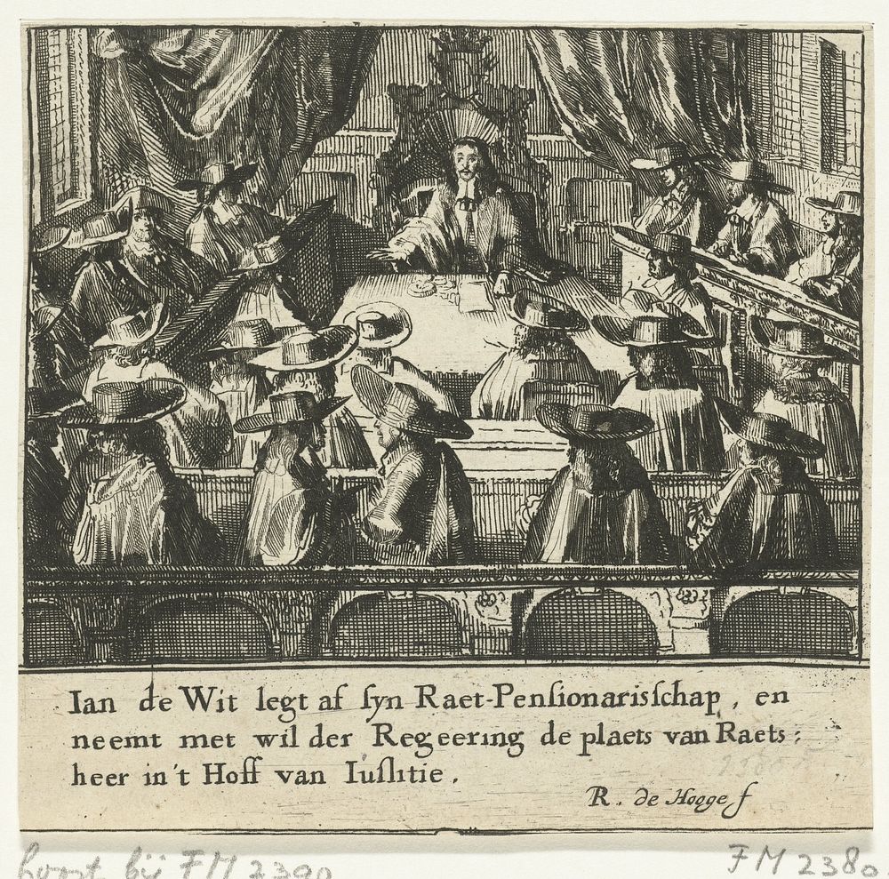 Johan de Witt doet afstand van zijn ambt als raadpensionaris, 1672 (1675) by Romeyn de Hooghe