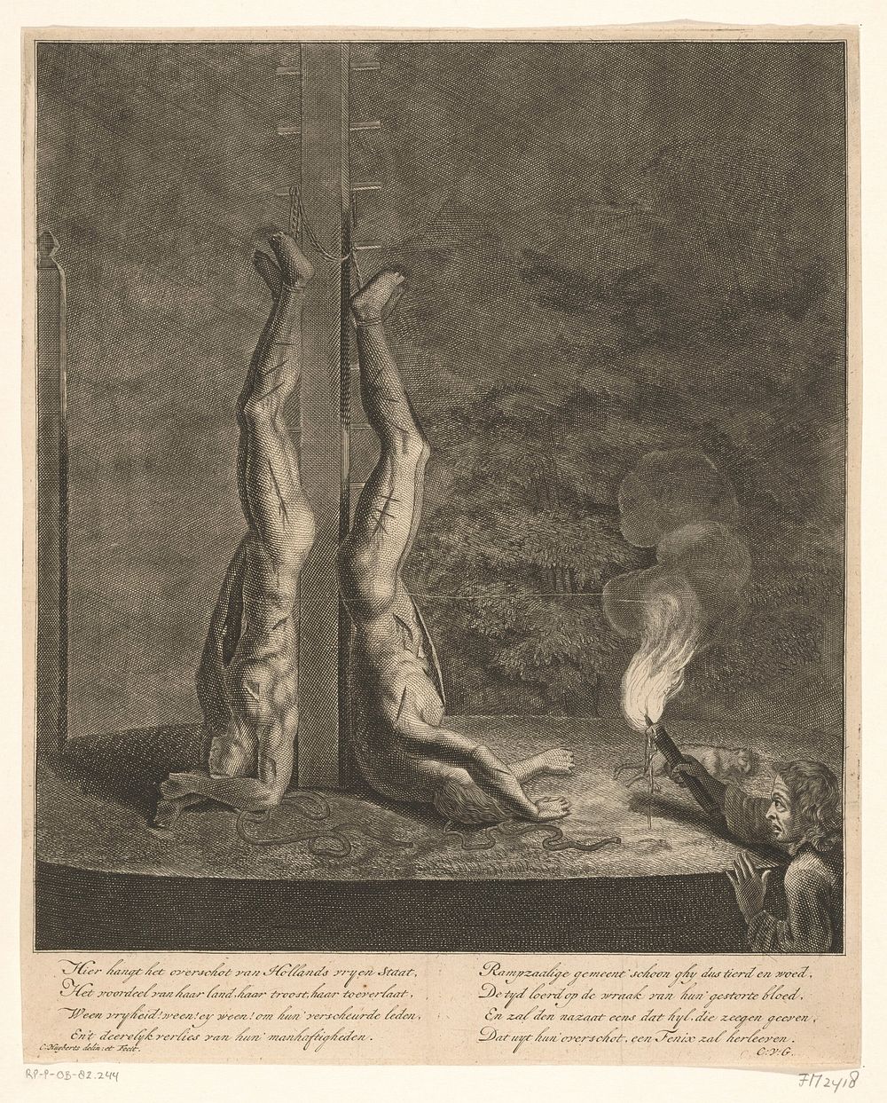 De verminkte lichamen van de gebroeders De Witt hangend aan de wip, 1672 (1680 - 1712) by Cornelis Huyberts, Cornelis…