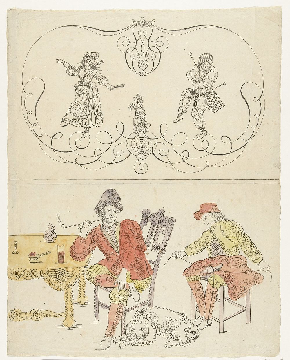 Krulwerkfiguren van dansers met een hondje en een roker en een schoenlapper, ca. 1700 (1690 - 1700) by anonymous