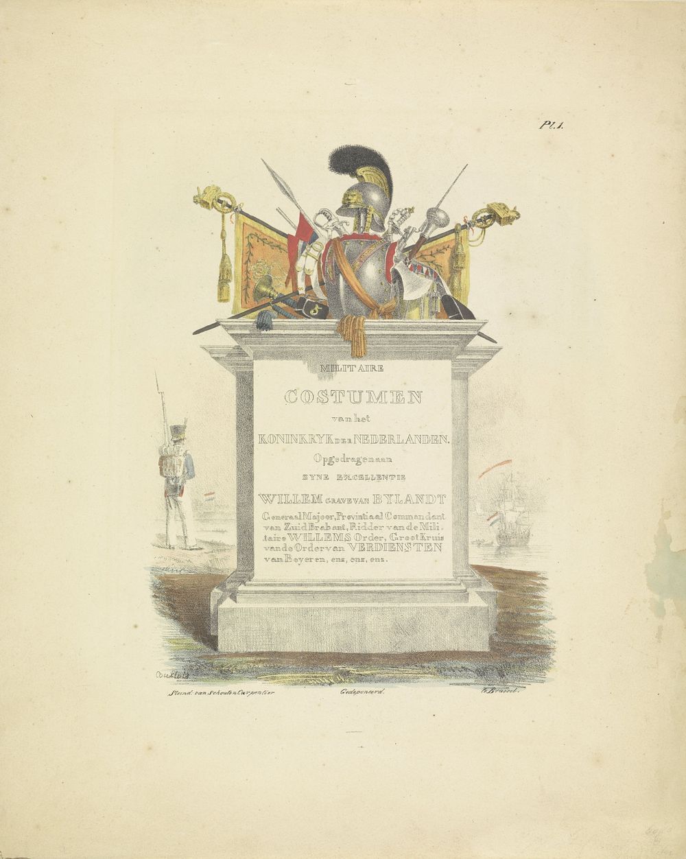 Titelprent voor de reeks uniformen van het Koninkrijk der Nederlanden, 1820-1825 (1825 - 1827) by A Courtois, Schouten…