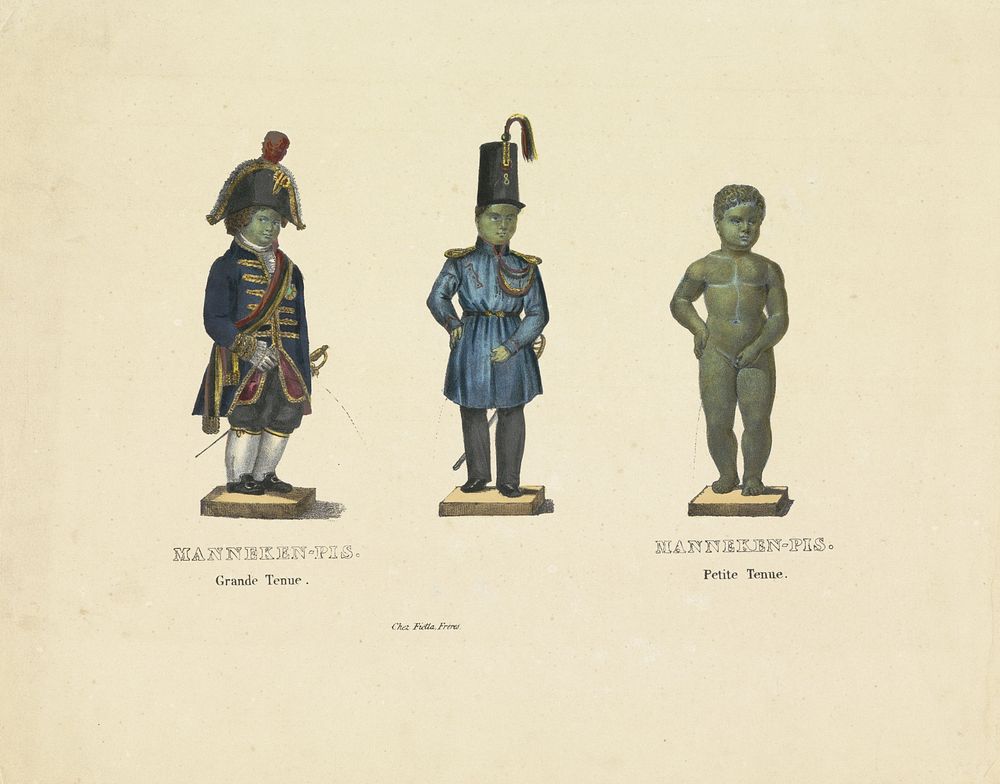 Manneken Pis in verschillende uitdossingen, 1817 (1810 - 1830) by anonymous and Frères Fietta