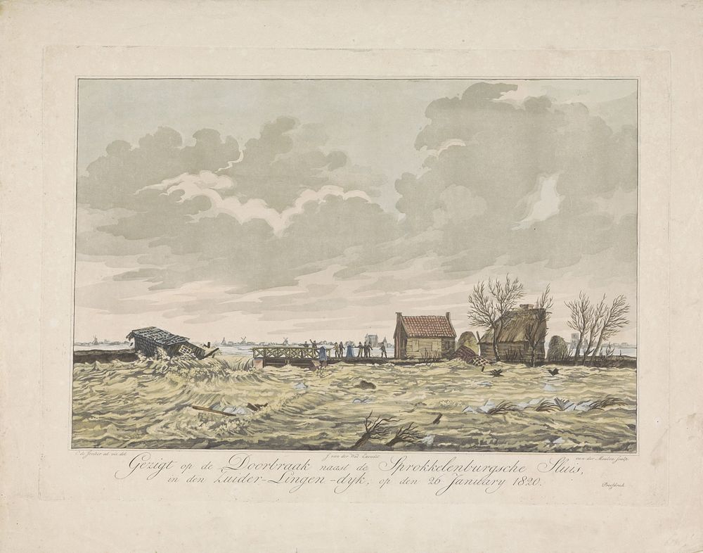 Dijkdoorbraak bij de Sprokkelburgse sluis bij Gorinchem, 1820 (1820) by Roelof van der Meulen, Cornelis de Jonker and…