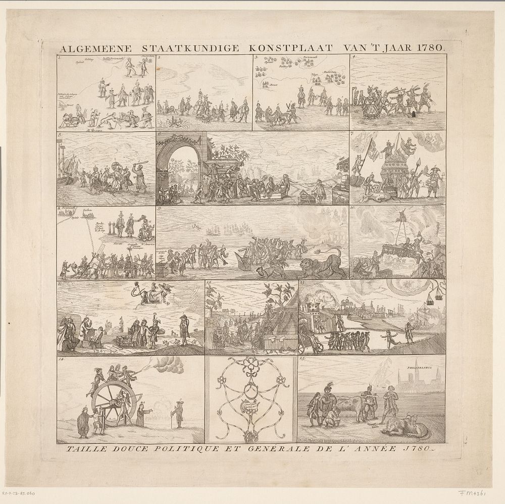 Overzichtsblad met verkleinde kopieën van 15 spotprenten, 1780 (1780) by anonymous
