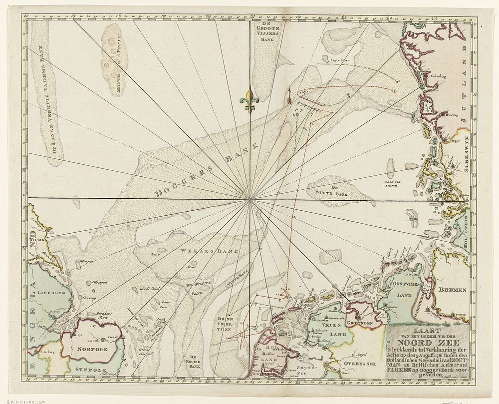 Kaart van de Noordzee met de zeeslag bij Doggersbank, 1781 (1781 - 1783) by anonymous and Johann Christoph de Roeder
