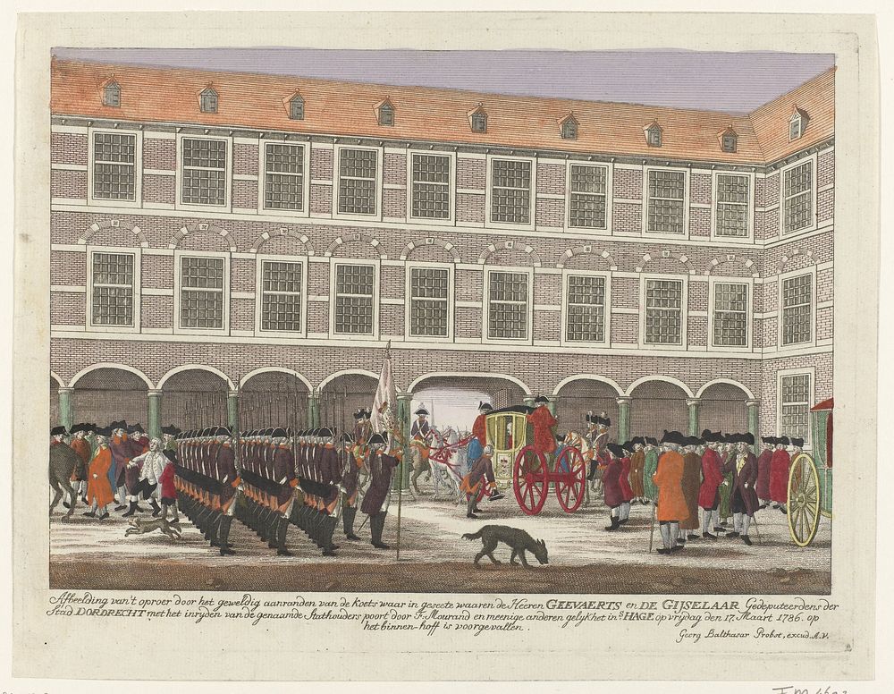 Aanslag op de Gedeputeerden van Dordrecht als zij door de Stadhouderspoort het Binnenhof op rijden, 1786 (1786 - 1787) by…