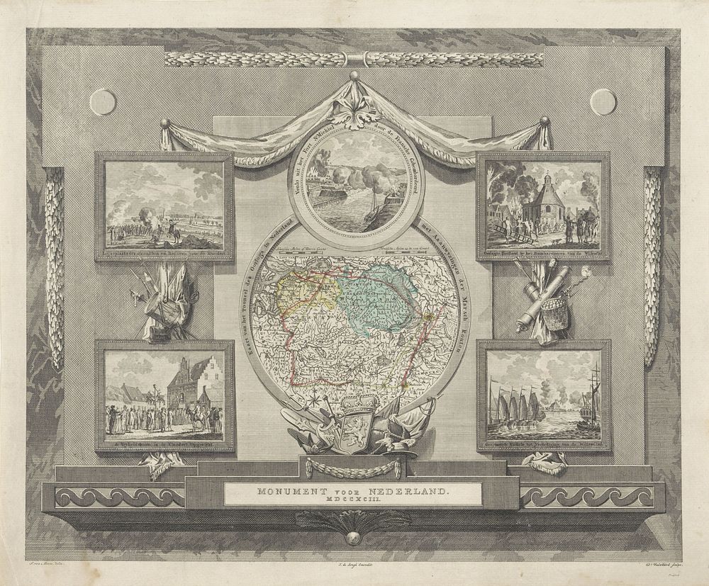 Kaart en voorstellingen van de gevechten in Brabant en Limburg, 1793 (1793) by Daniël Veelwaard I, Jacobus van Meurs and J…
