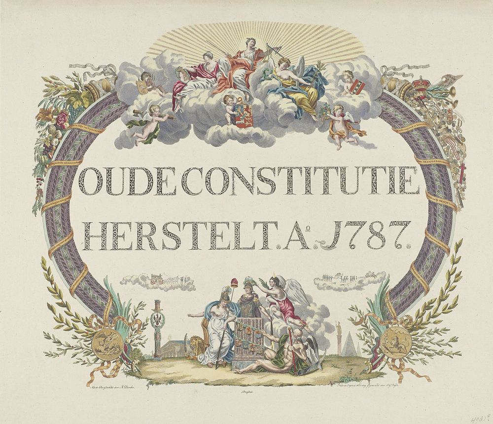 Allegorie op het herstel van de stadhouder, 1787 (gekleurd) (1787) by Jan Gerritsz Visser and Antoni Zürcher