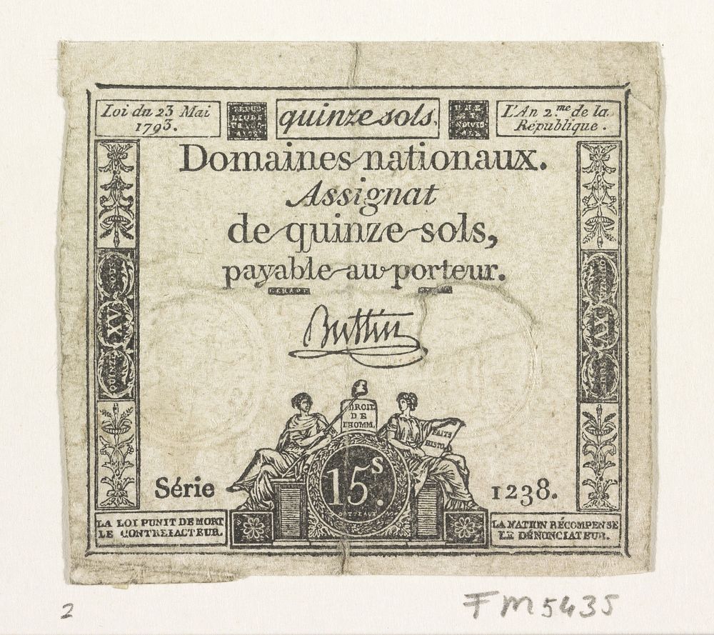 Assignaat van vijftien sols, 1793 (1793) by anonymous and Domaines nationaux