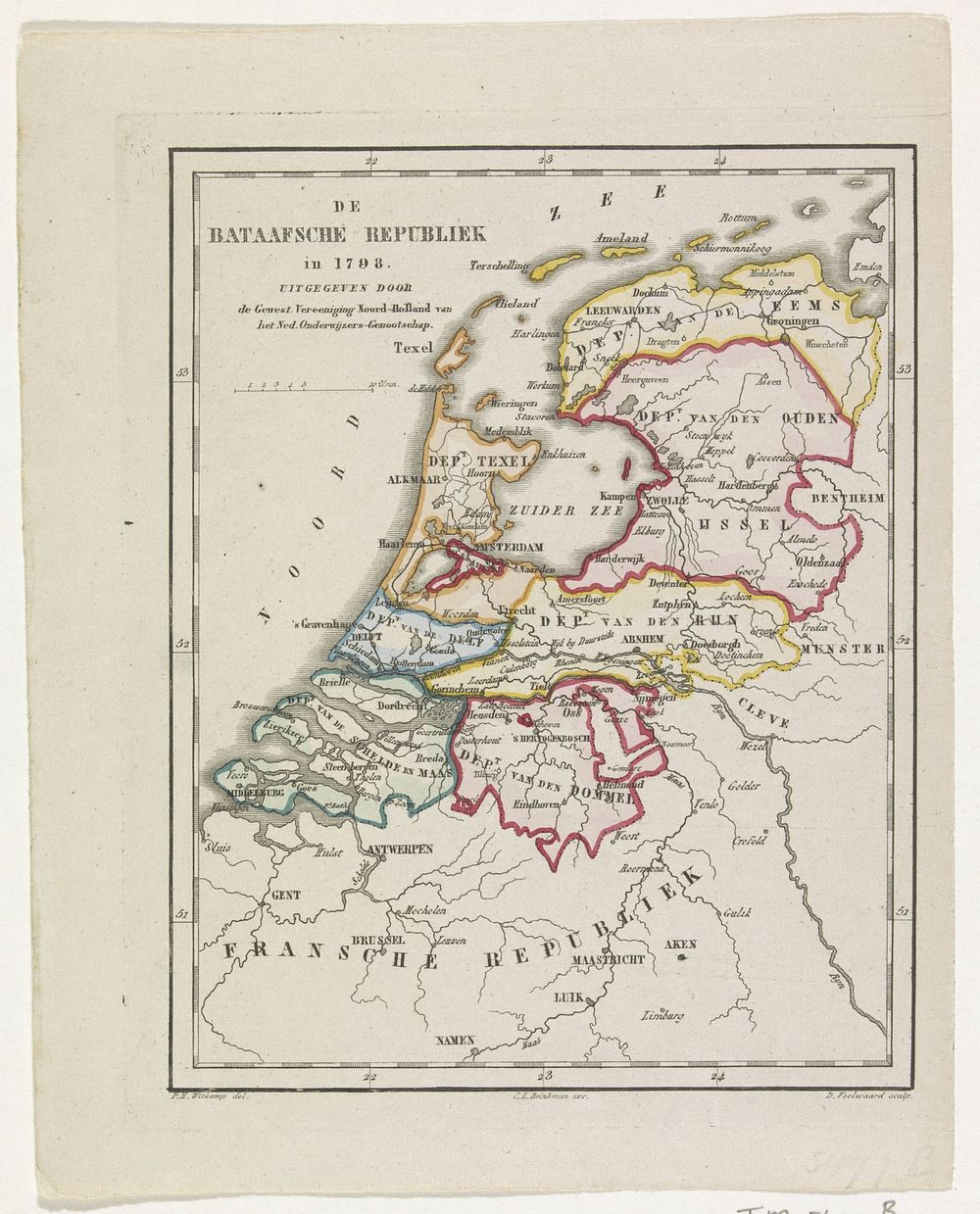 Kaart van de Bataafse Republiek, 1798 (1850 - 1868) by Daniël Veelwaard I, Daniël Veelwaard II, Pieter Harmen Witkamp and C…