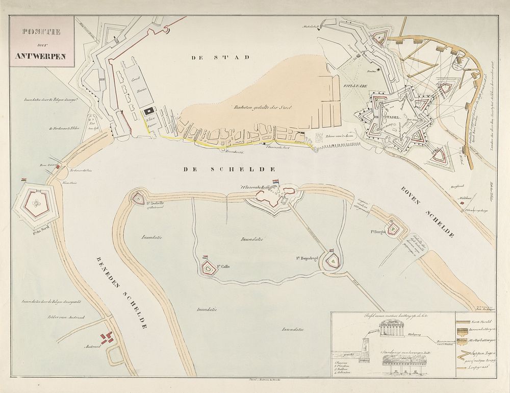 Plan van de Schelde voor Antwerpen met de ligging van de forten, tijdens het beleg van de Citadel, 1832 (1832 - 1833) by…