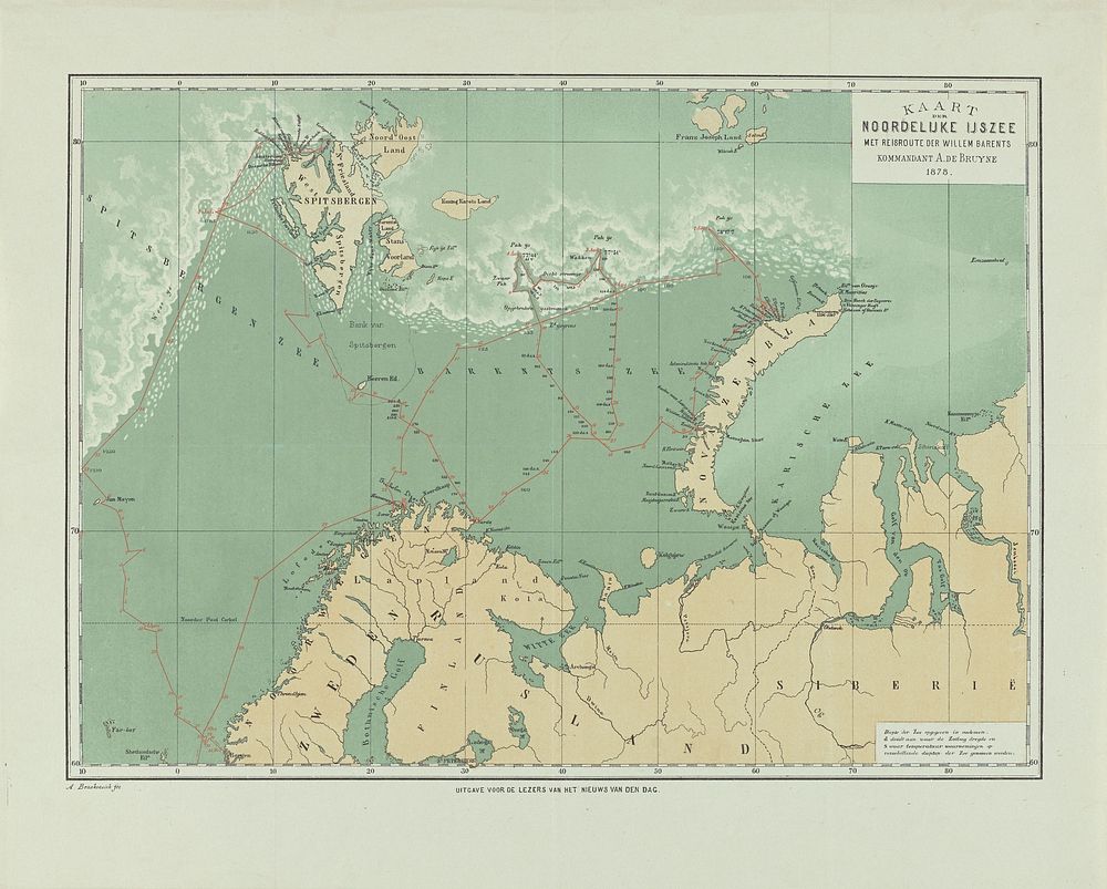 Kaart der Noordelijke IJszee met reisroute der Willem Barents Kommandant A. de Bruyne 1878 (1878) by Albertus Barend Hendrik…