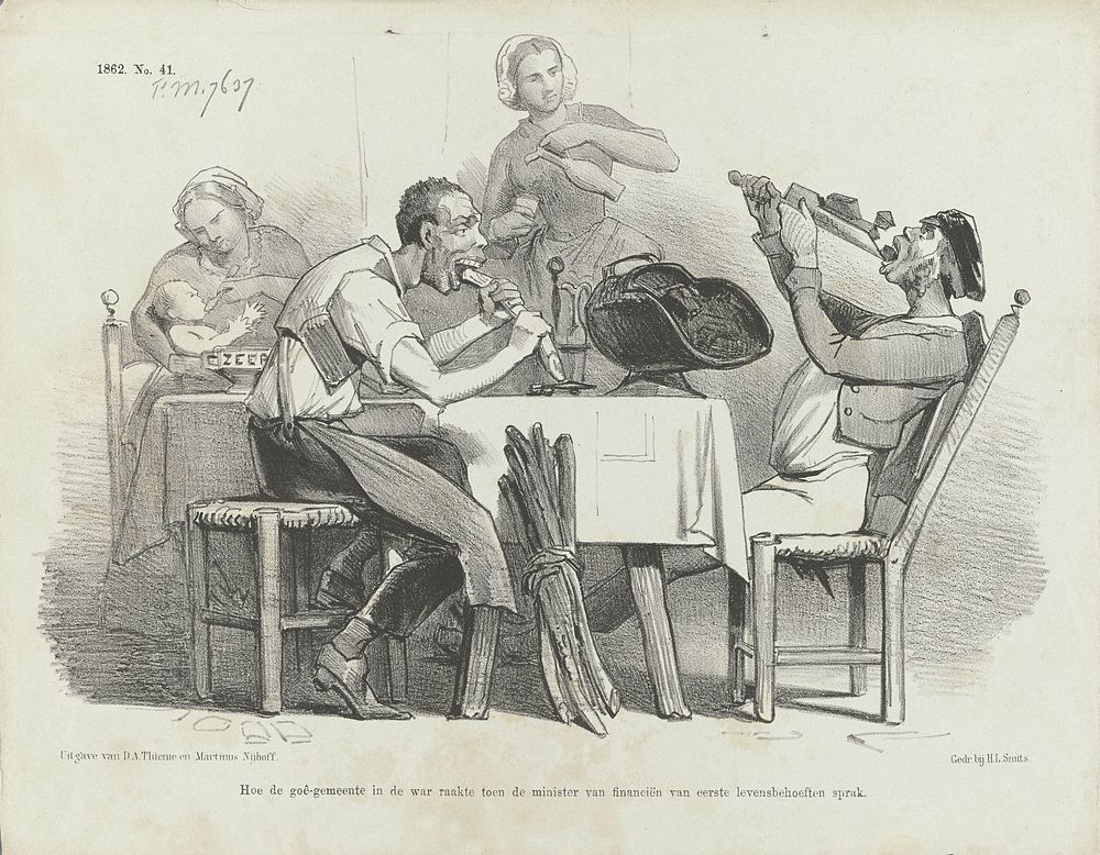 Spotprent op de afschaffing van accijnzen op brandstof en zeep, 1862 (1862) by Johan Michaël Schmidt Crans, H L Smits, Dirk…