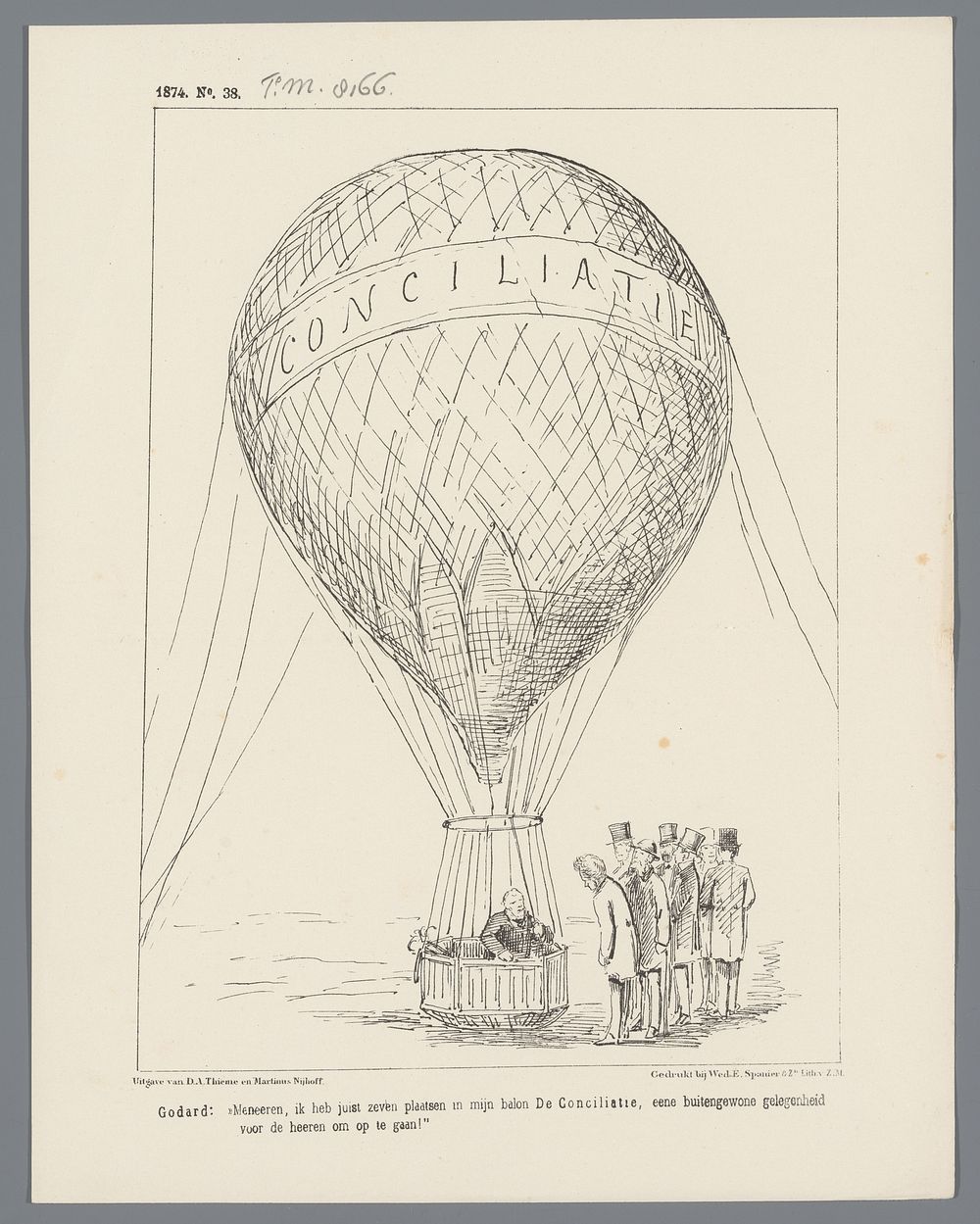 Spotprent waarin de ballonvaarder Godard met ministerie Heemskerk uitnodigt om mee te varen in zijn ballon 'Conciliatie'…