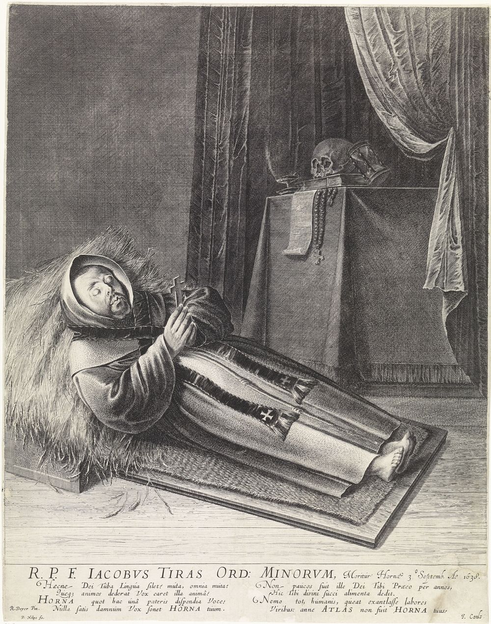 Jacobus Tyras, opgebaard op een bed van stro (1638) by Pieter Nolpe, IJsbrant Reijersz Deijer and J Cools