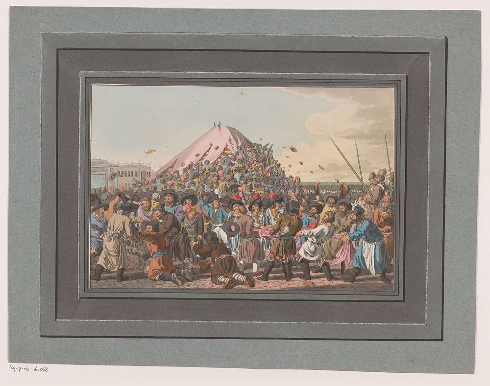 Mensenmassa op een plein vechtend om eten en kleding (1805) by Christian Gottfried Heinrich Geissler