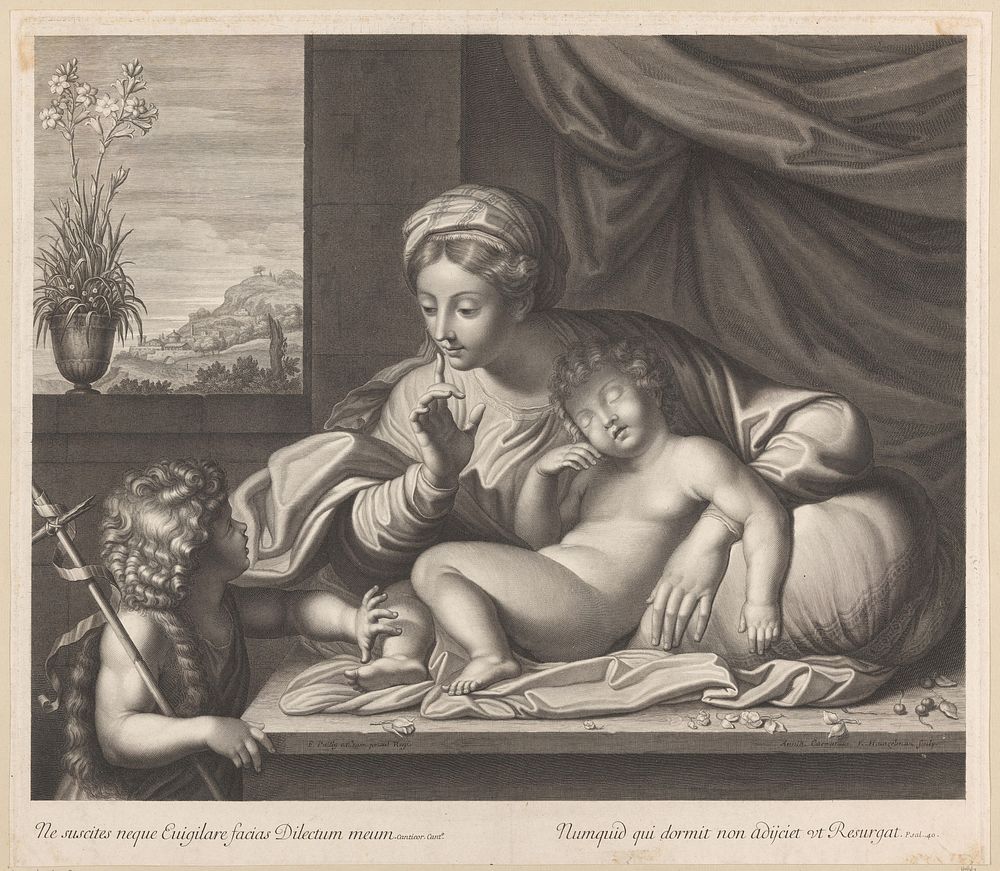 Maria met slapend Christuskind en Johannes de Doper (1650 - 1693) by Elias Hainzelmann, Annibale Carracci, François de…
