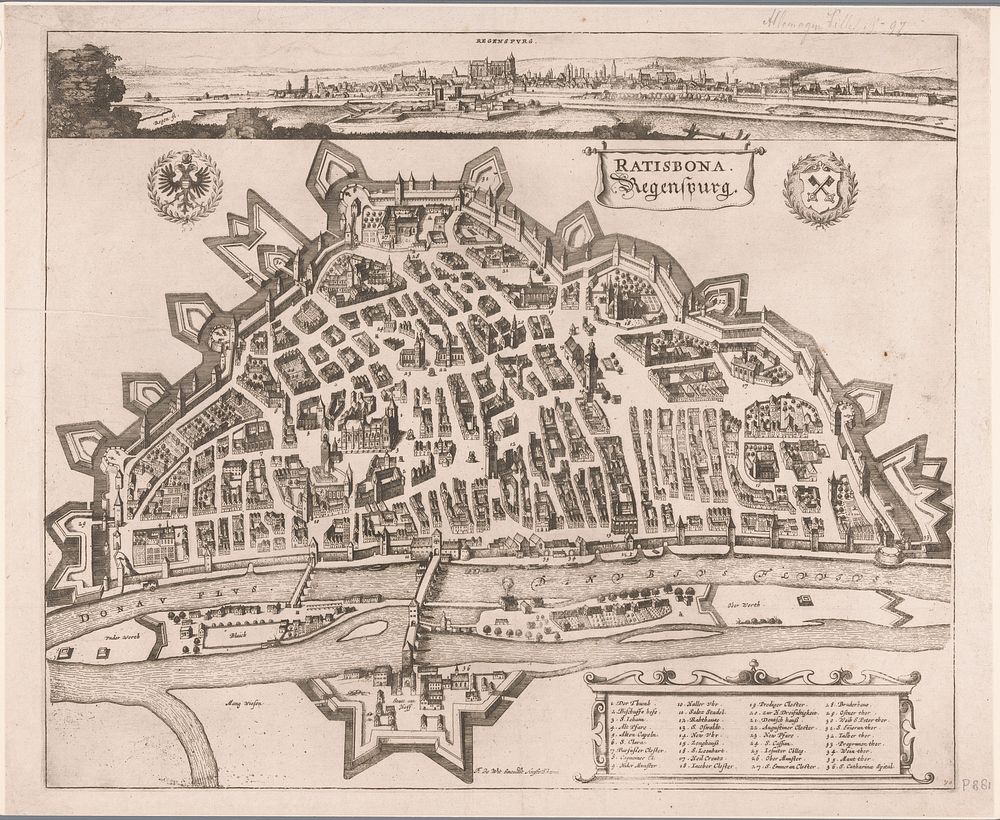Plattegrond en gezicht op Regensburg (1695 - 1700) by Wenceslaus Hollar and Frederik de Wit