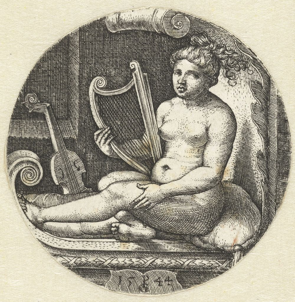 Zittende naakte vrouw met een harp (1544) by Georg Pencz and Georg Pencz