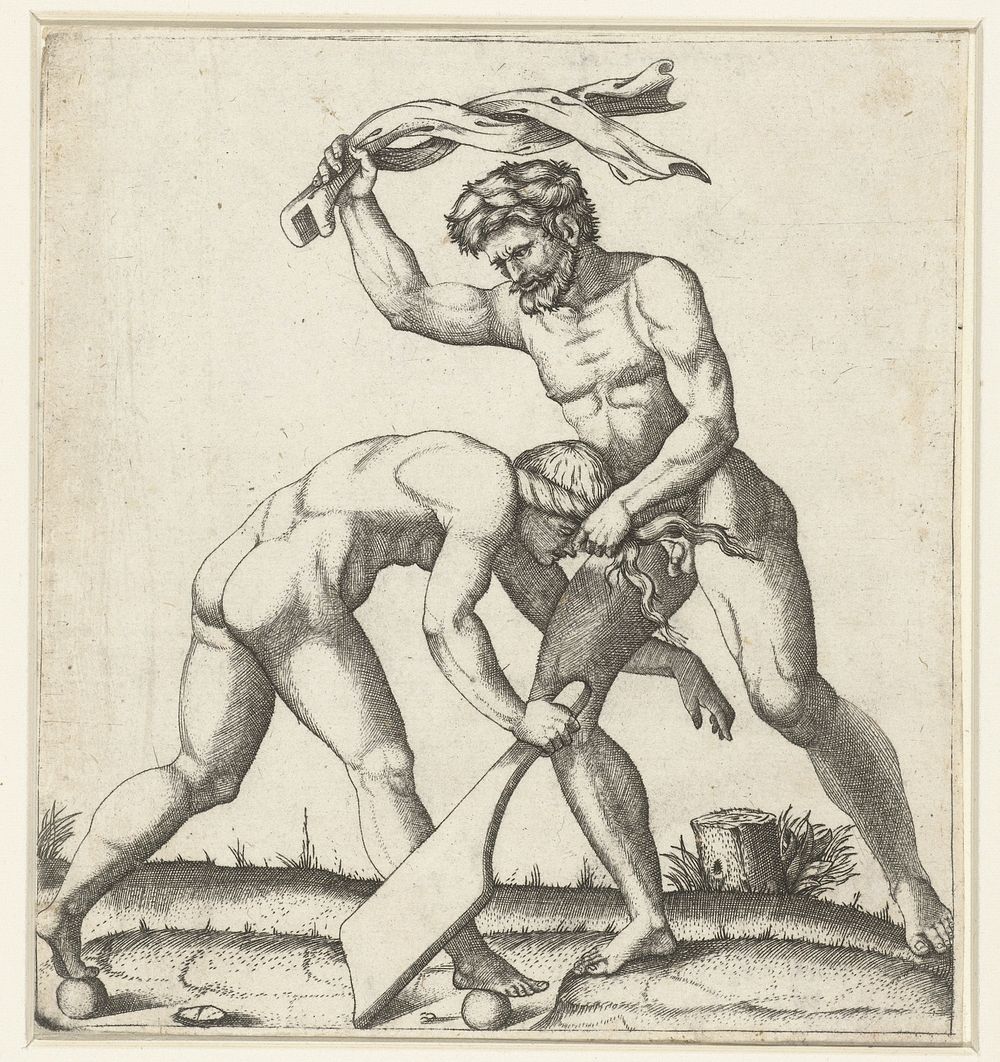 Man vechtend met vrouw als personificatie van Fortuin (Fortuna) (1510 - 1527) by Marcantonio Raimondi and Marcantonio…