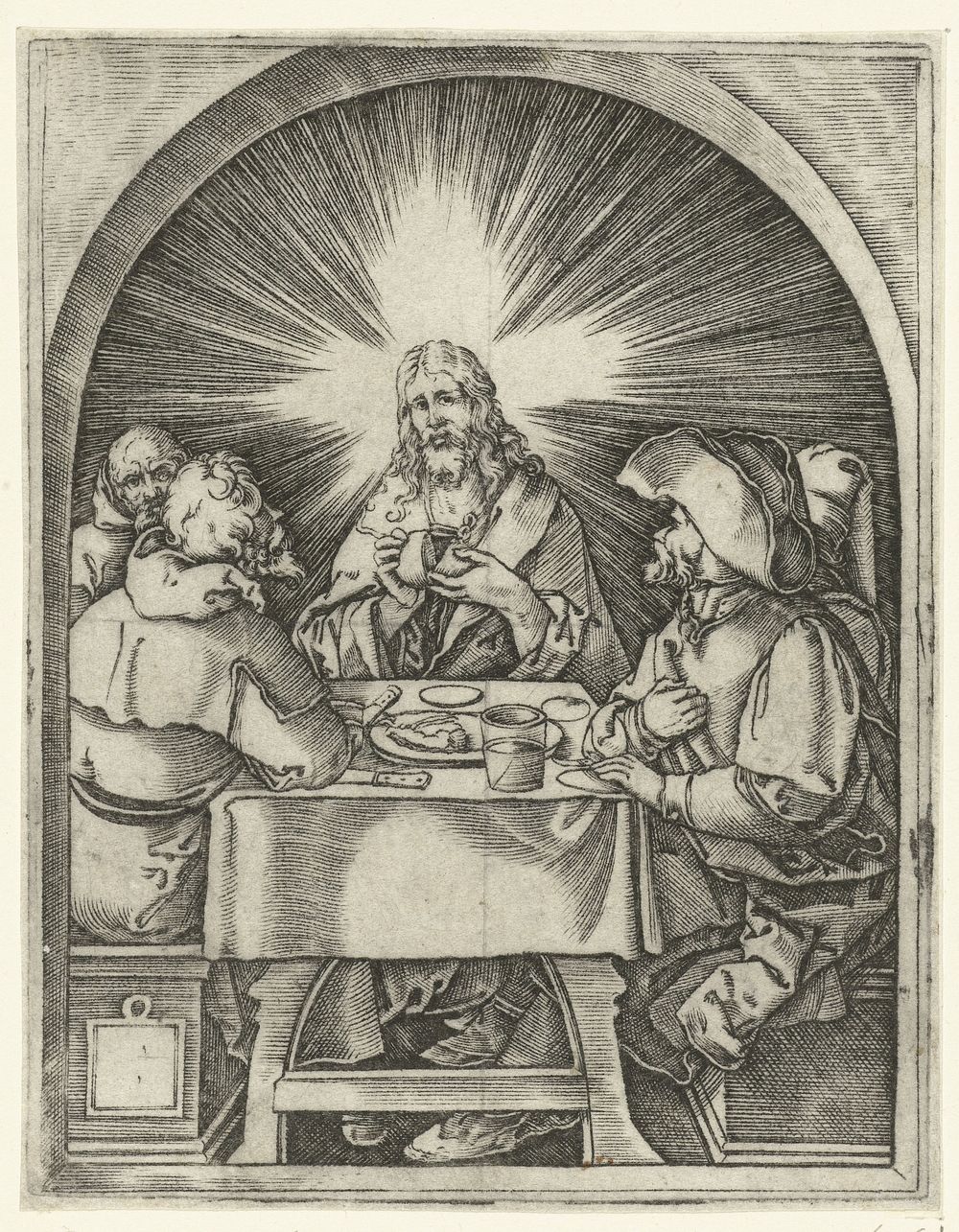 Christus gebruikt maaltijd met discipelen te Emmaüs (1510 - 1515) by Marcantonio Raimondi and Albrecht Dürer