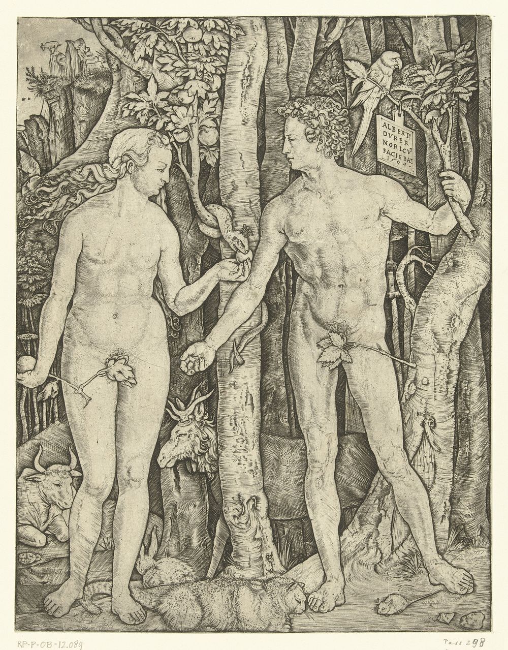 Adam en Eva bij boom van kennis van goed en kwaad in paradijs tijdens zondeval (1504 - 1536) by Marcantonio Raimondi…