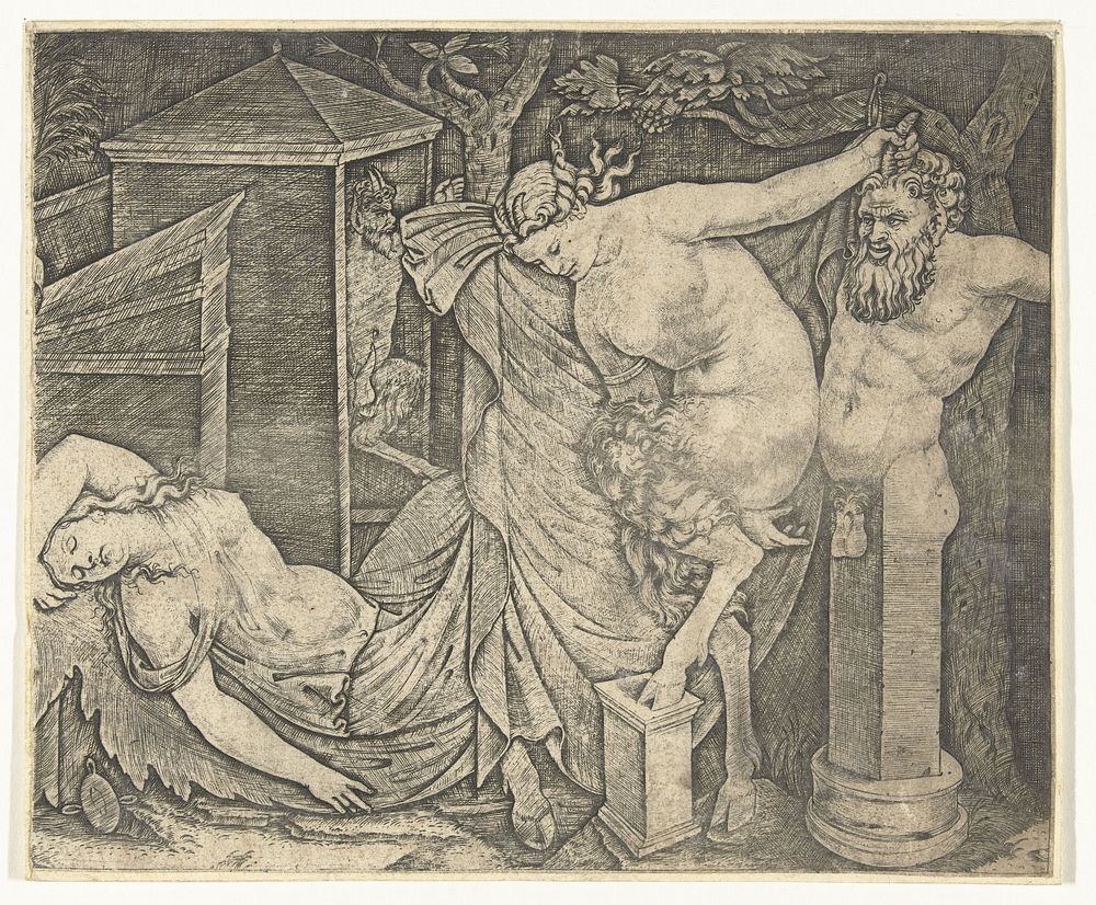 Fragment van bacchanaal met satervrouw en herme en slapende bacchante (1510 - 1527) by Marcantonio Raimondi and Rafaël