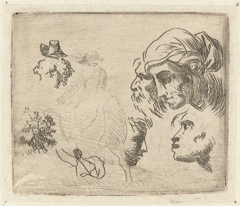 Studieblad met hoofden en ruiter (1652 - 1659) by Karel du Jardin and Karel du Jardin