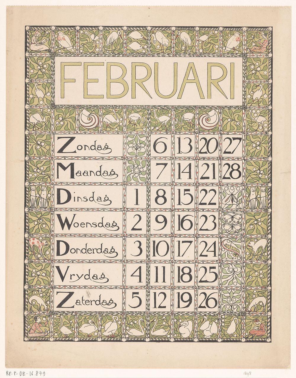 Kalenderblad voor februari 1898 (1897) by Theo Nieuwenhuis and Scheltema and Holkema s Boekhandel