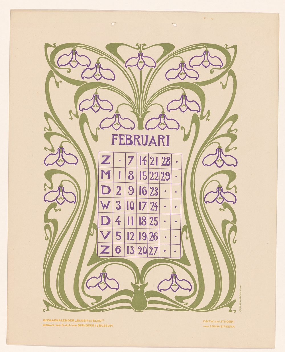 Kalenderblad februari met sneeuwklokjes (before 1904) by Anna Sipkema, Anna Sipkema, Gebroeders Braakensiek and C A J van…