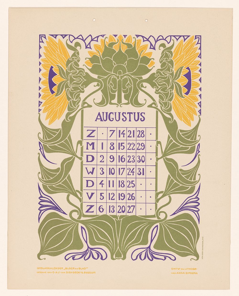 Kalenderblad augustus met zonnebloemen (before 1904) by Anna Sipkema, Anna Sipkema, Gebroeders Braakensiek and C A J van…