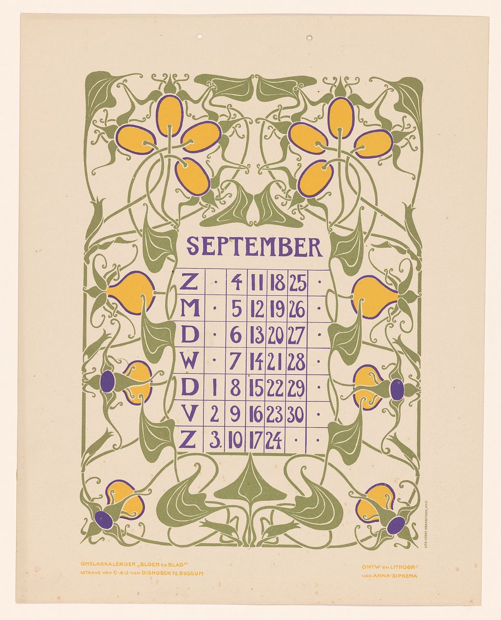 Kalenderblad september met bloemen of fruit (before 1904) by Anna Sipkema, Anna Sipkema, Gebroeders Braakensiek and C A J…