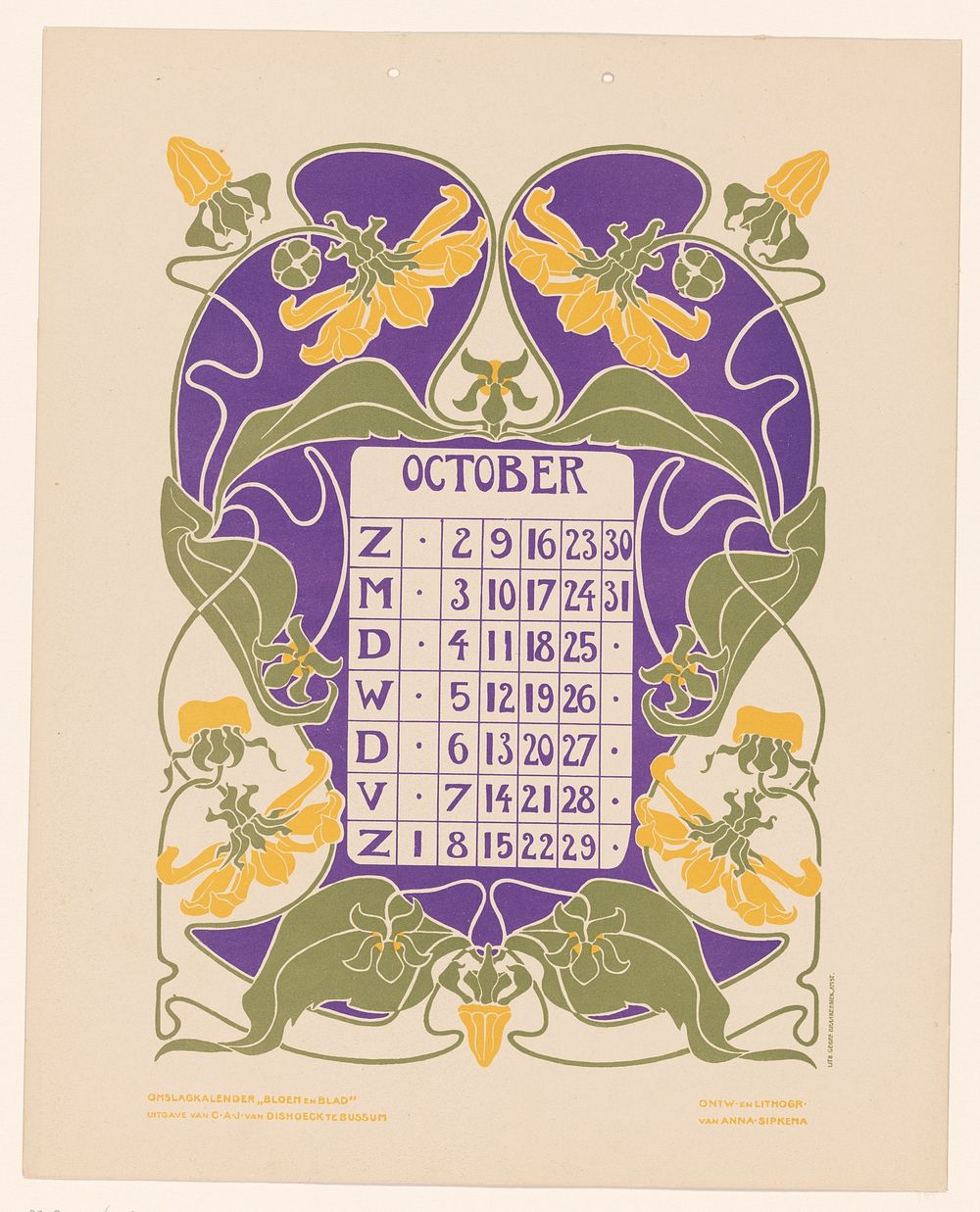 Kalenderblad oktober met bloemen, mogelijk kamperfoelie of clematis (before 1904) by Anna Sipkema, Anna Sipkema, Gebroeders…