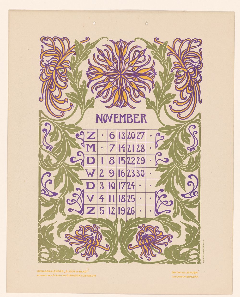 Kalenderblad november met bloemen, (before 1904) by Anna Sipkema, Anna Sipkema, Gebroeders Braakensiek and C A J van Dishoeck